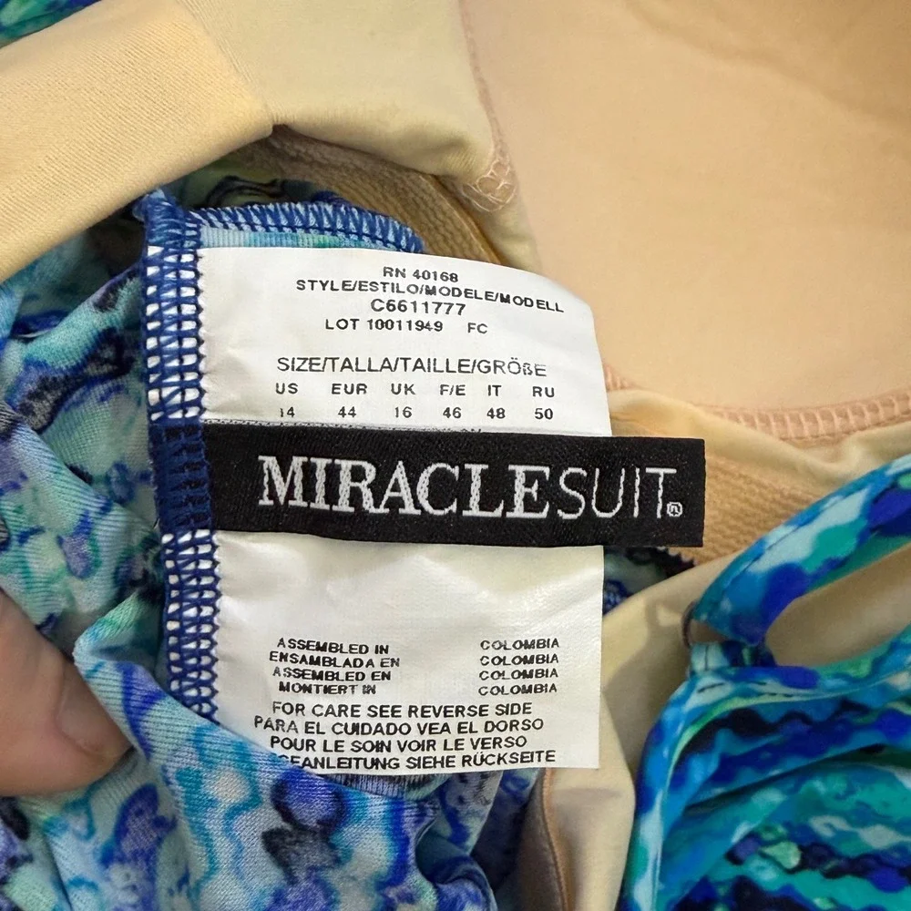Miraclesuit Blue Geometric Tiered Ruffle Tankini Swim‎ Top Size 14 C6611777